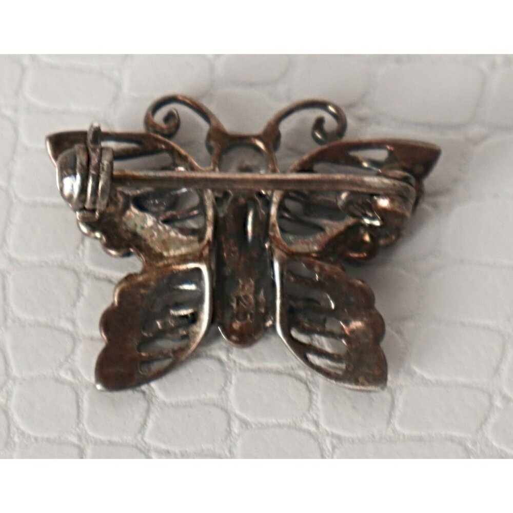 Vintage 925 Silver Crystal and Marcasite Butterfly Sterling Silver Brooch Pin - Picture 3 of 4
